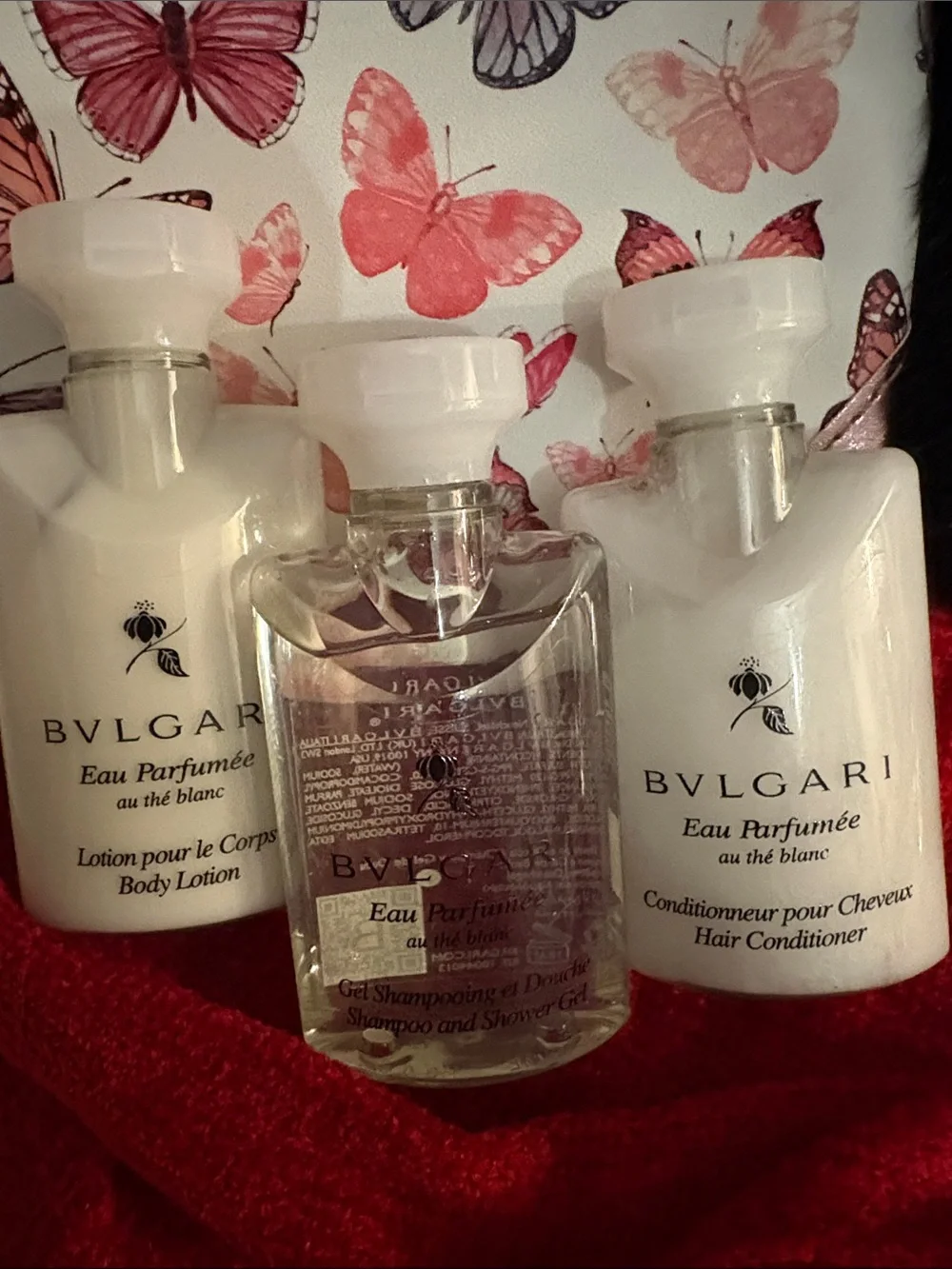 Bulgari White and Clear Travel Bath Set with Pink Butterfly Pouch